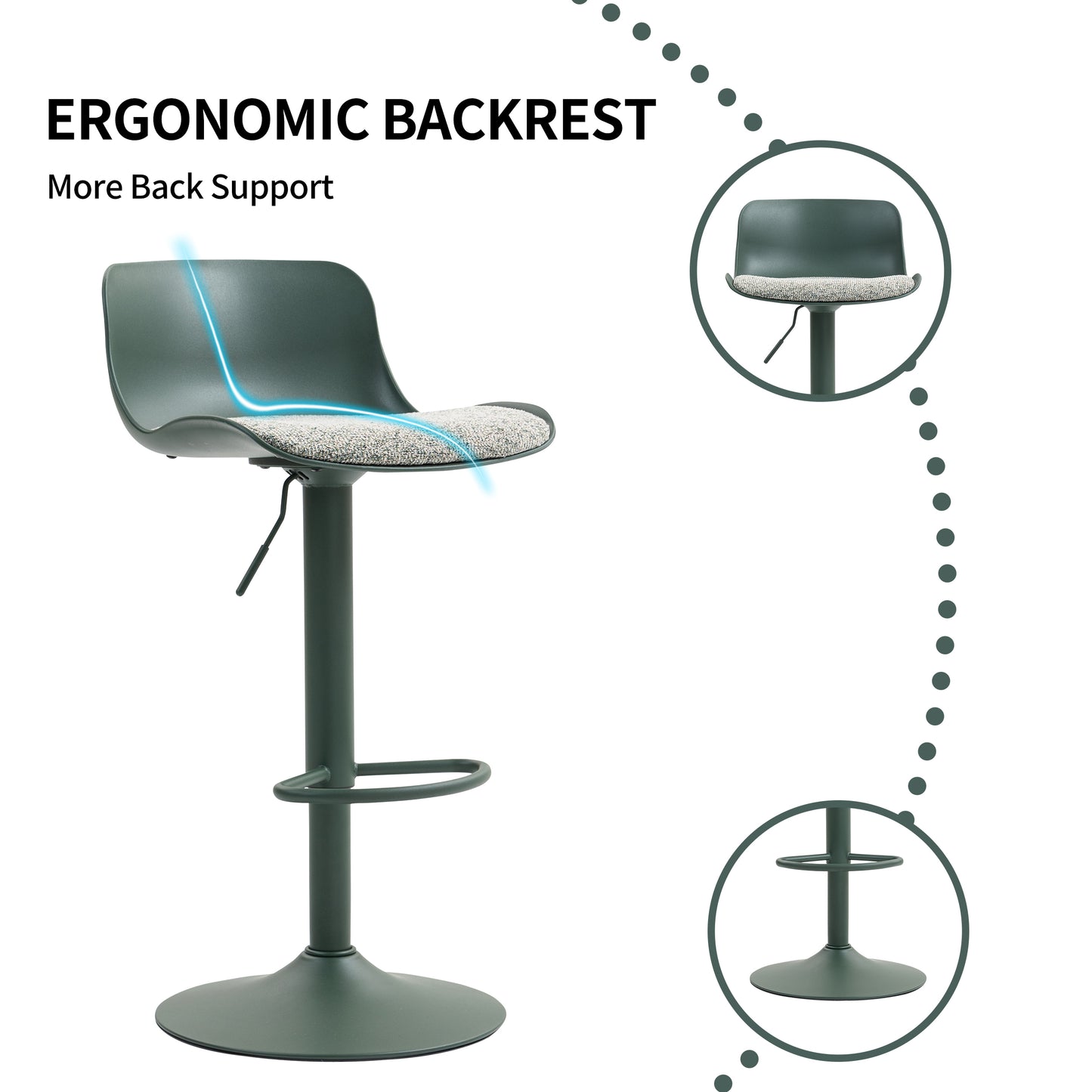 CHOTTO - Eri Adjustable Swivel Bar Stools with Padded Seat -Dark Green x 2