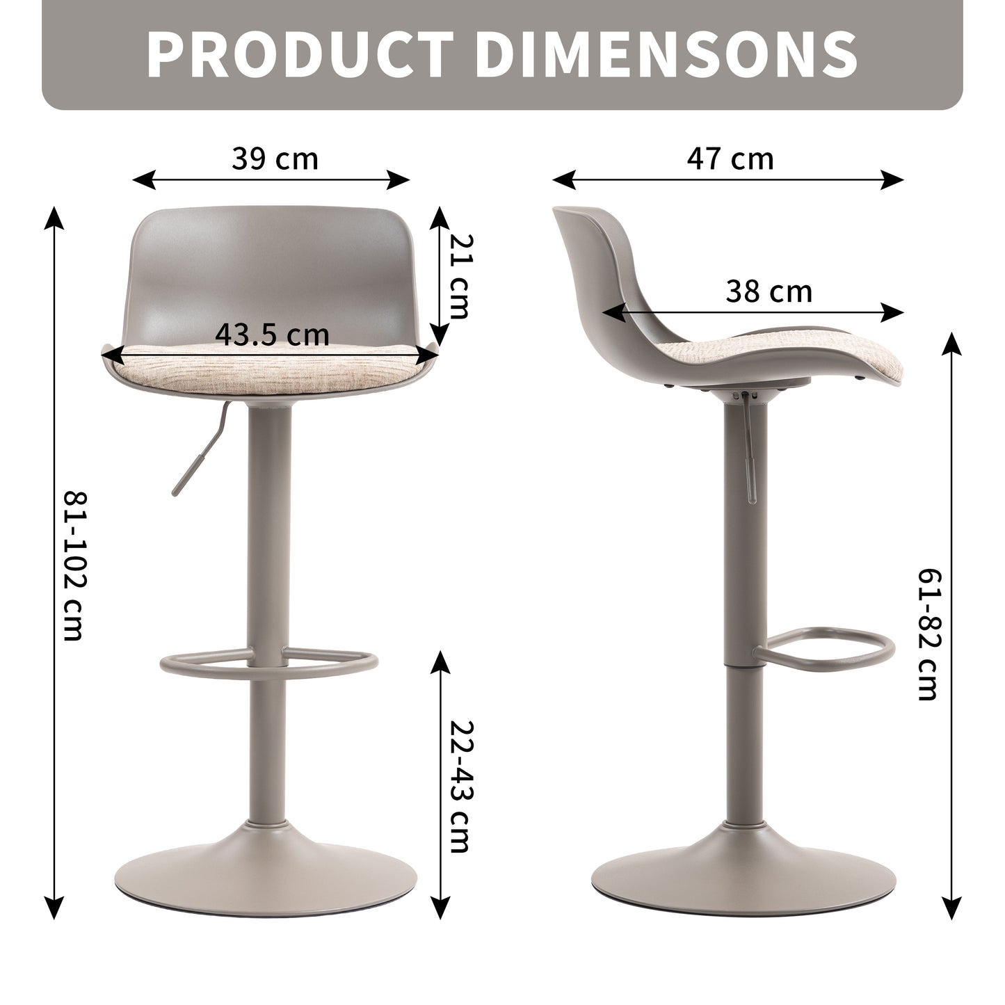 CHOTTO - Eri Adjustable Swivel Bar Stools with Padded Seat -Brown x 2