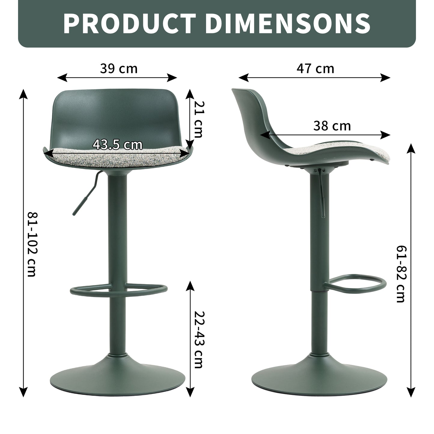 CHOTTO - Eri Adjustable Swivel Bar Stools with Padded Seat -Dark Green x 2