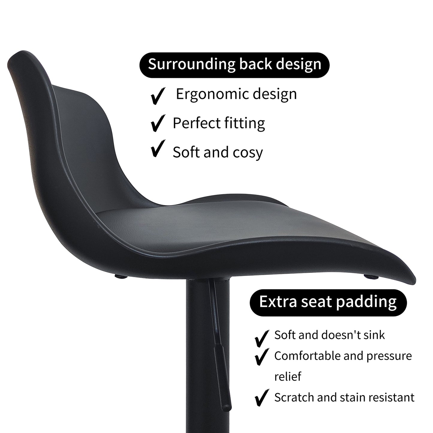CHOTTO - Eri Adjustable Swivel Bar Stools with Padded Seat - Black x 2