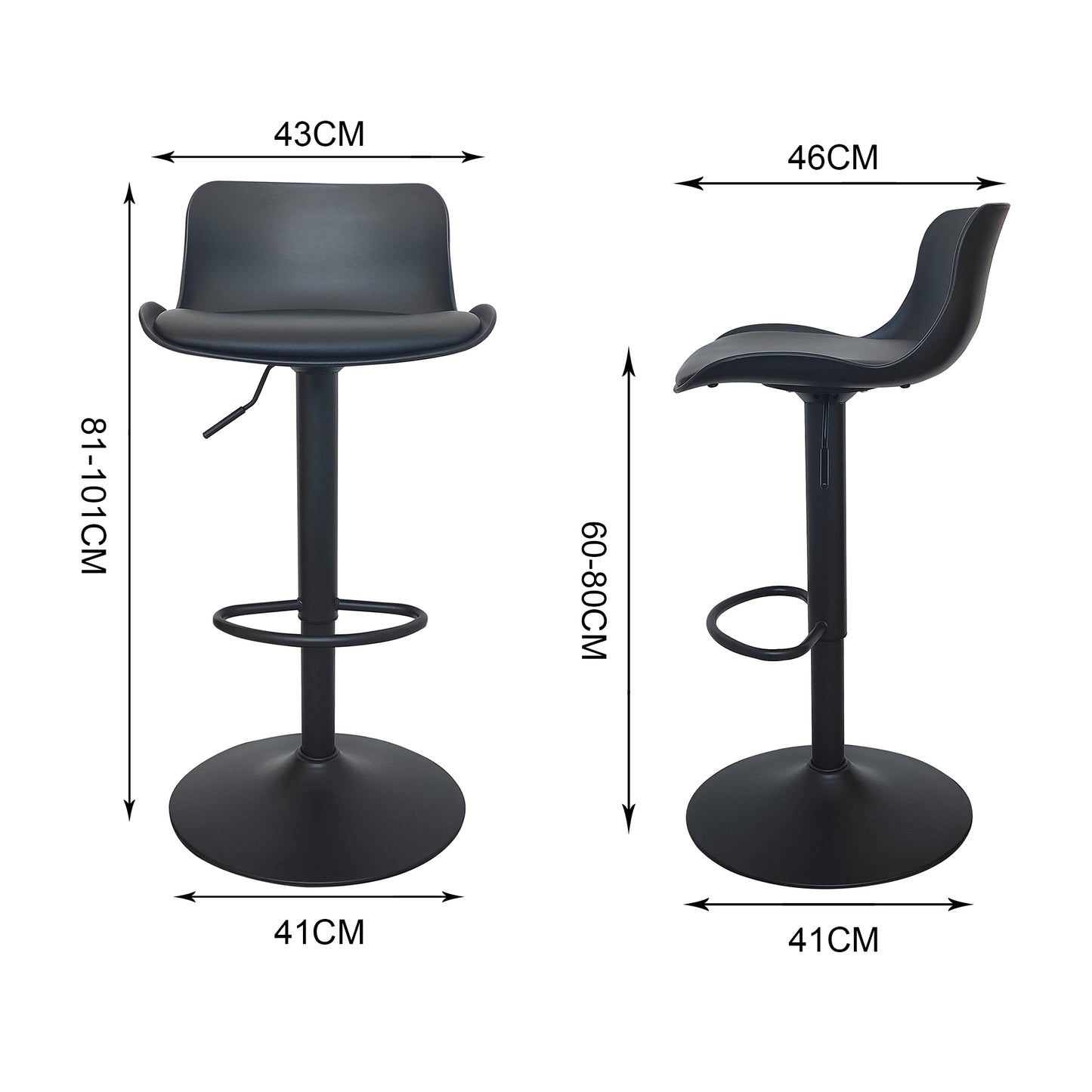 CHOTTO - Eri Adjustable Swivel Bar Stools with Padded Seat - Black x 2
